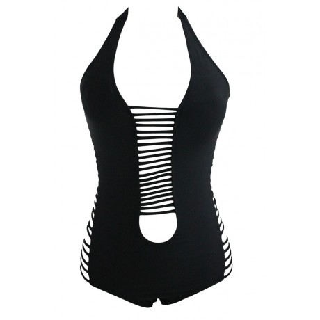 Black Strappy Cutout Halter Swimwear