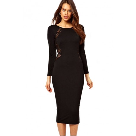 Black Lace In Back O-Neck Midi Dress