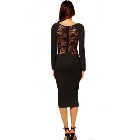 Black Lace In Back O-Neck Midi Dress