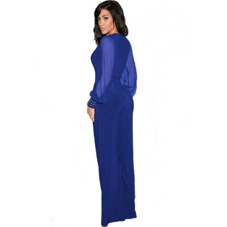 Embellished Cuffs Mesh Sleeves Jumpsuit Blue