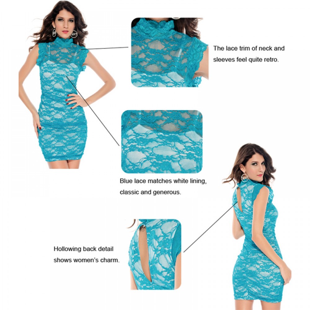 Floral Lace Overlay Mini Dress Blue