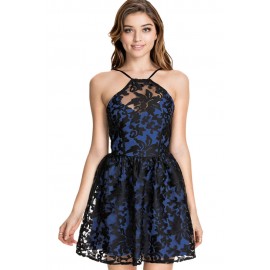 Blue Lace Organza Skater Mini Dress