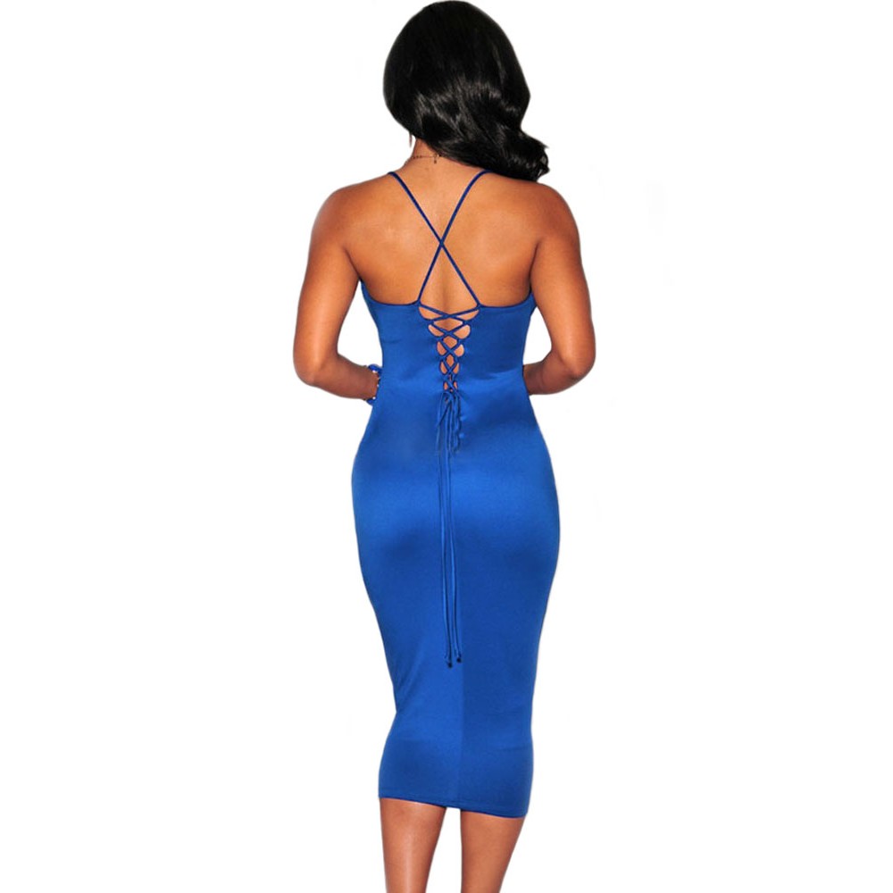 Blue Plunging Halter Lace-Up Midi Dress