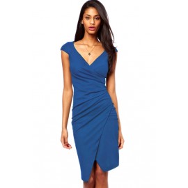 V-Neck Knee Length Ruched Wrap Midi Dress Blue