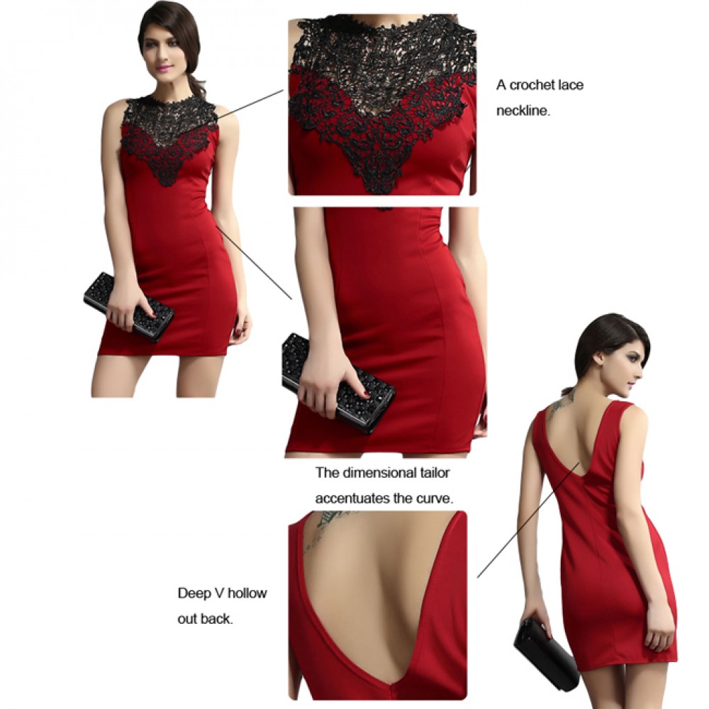 Martha Crochet Detail Evening Bodycon Dress Wine Red