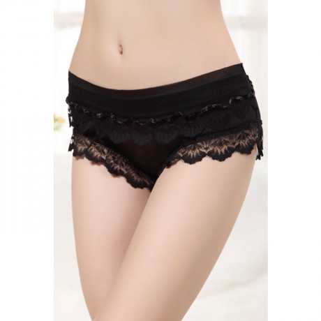 Erotic Scalloped Trim Womens Gauzy Briefs Sexy Panties Black