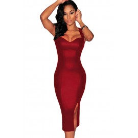 Burgundy Red Faux Leather Key Hole Back Padded Midi Dress