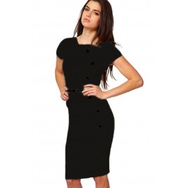 Casual Cap Sleeves Black Midi Dress