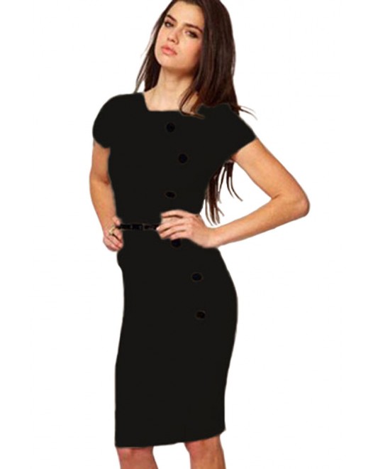 Casual Cap Sleeves Black Midi Dress