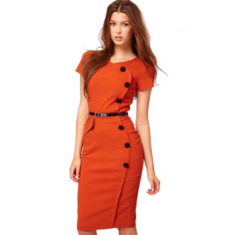 Sleeves Orange Midi Dress