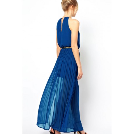 Blue Chiffon Gold Chain Belt Maxi Dress