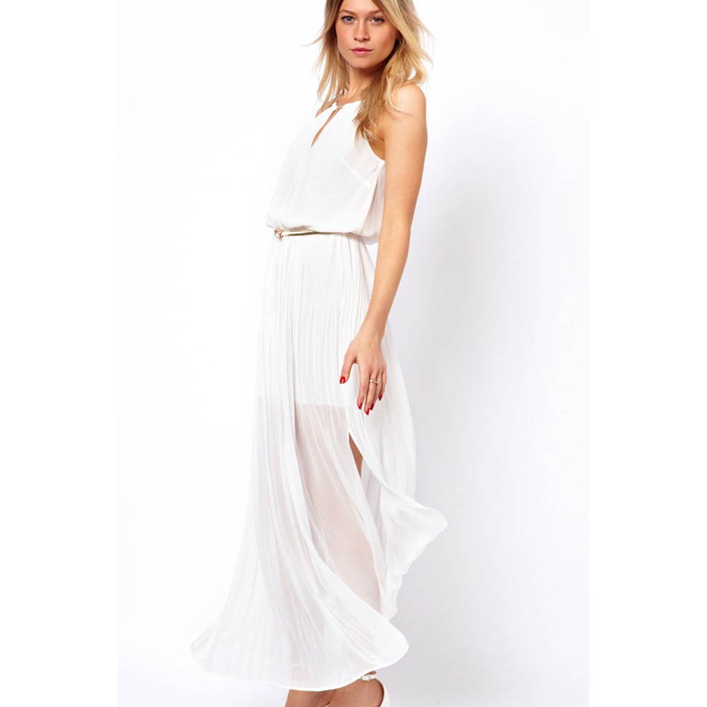 White Chiffon Gold Chain Maxi Dress