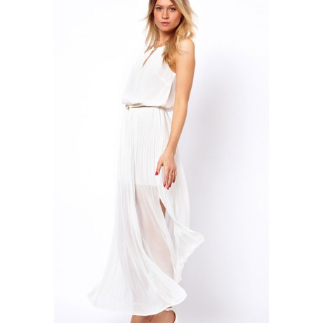 White Chiffon Gold Chain Maxi Dress