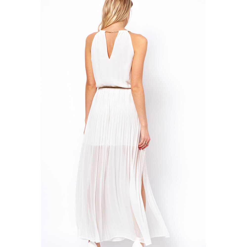 White Chiffon Gold Chain Maxi Dress