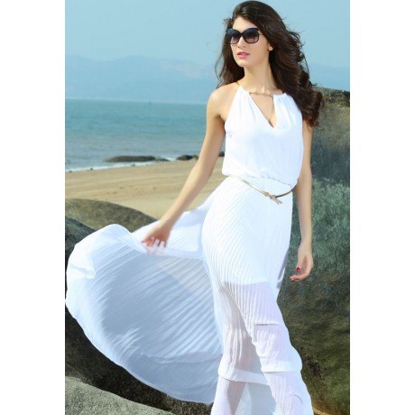 White Chiffon Gold Chain Maxi Dress