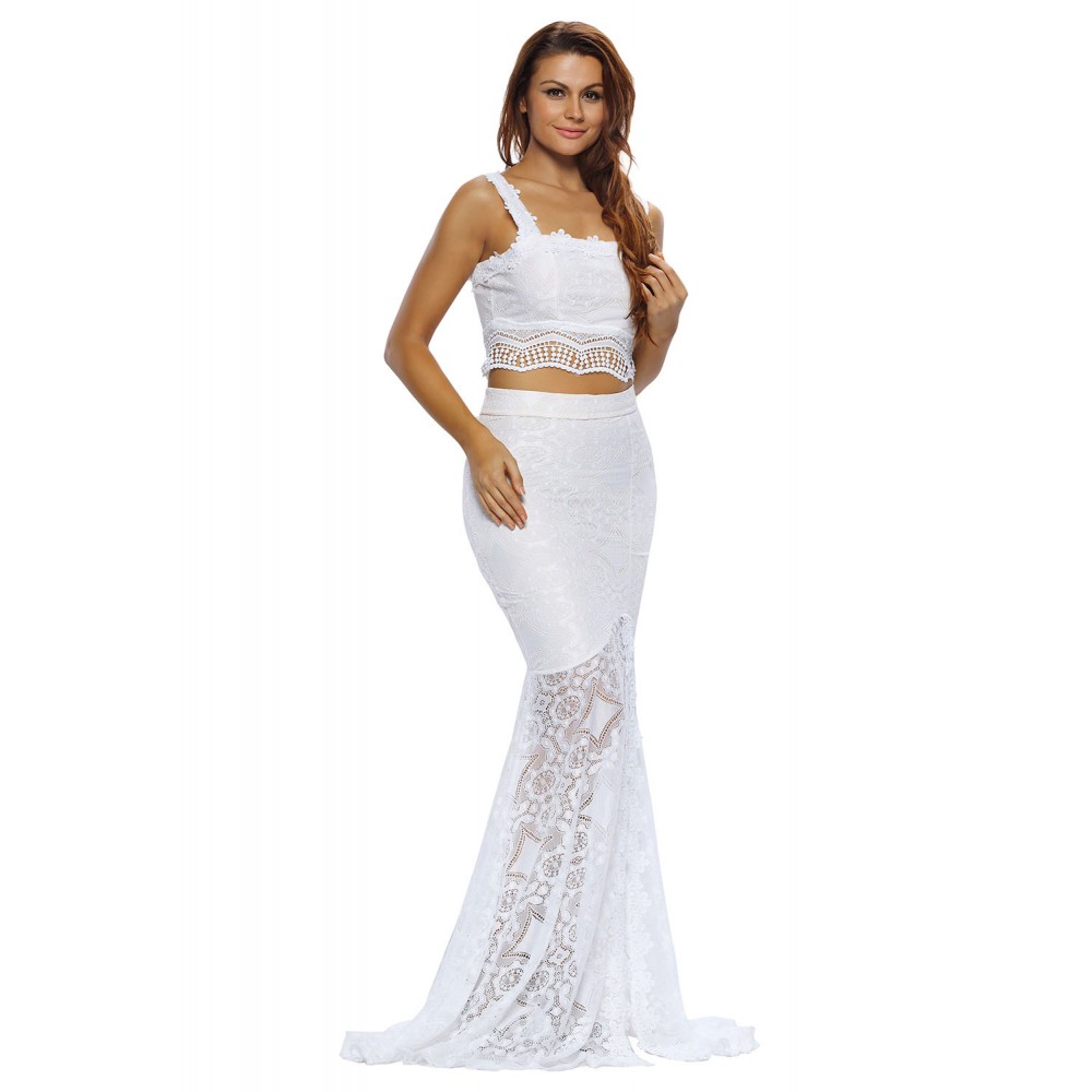 White Lace Crop Top Maxi Skirt Set