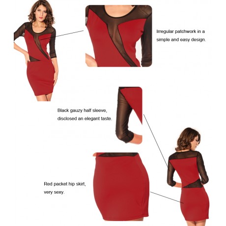 Scoop Mesh Sleeves Midi Dress Red