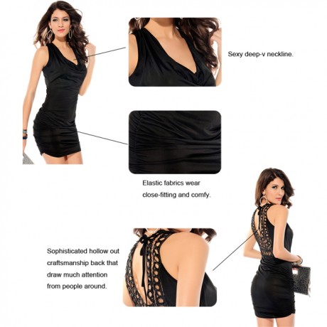 Exquisite Hollow out V-Neck Night Club Dress Black