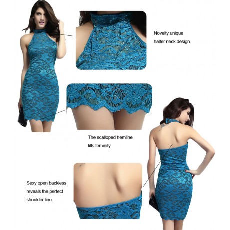 Elisa Sweetheart Halterneck Lace Bodycon Dress Blue