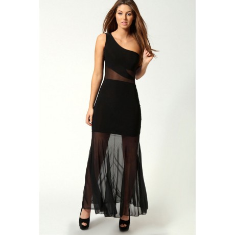 Evie One Shoulder Mesh Fishtail Black Maxi