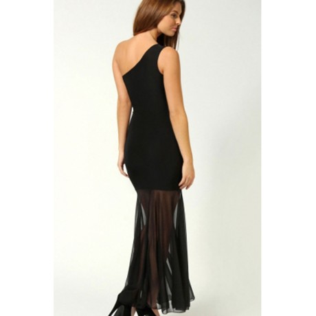 Evie One Shoulder Mesh Fishtail Black Maxi