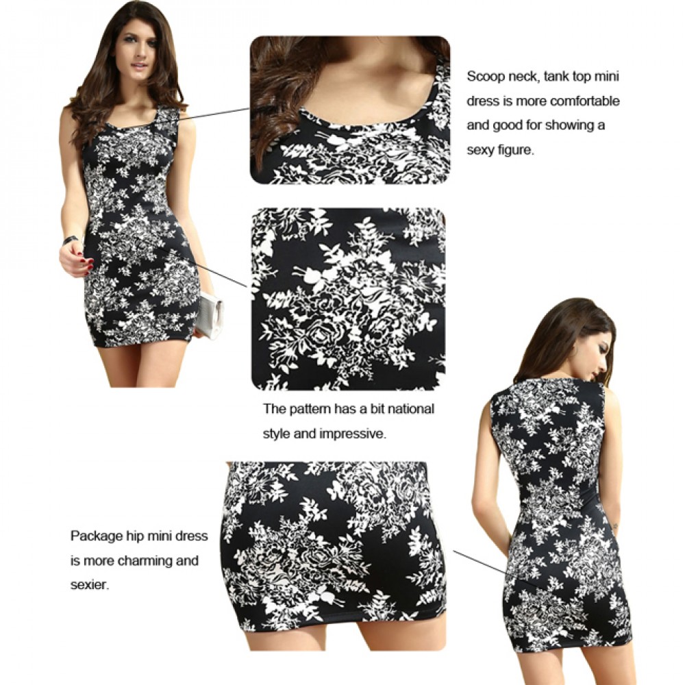 Flower Print Mini Dress Black