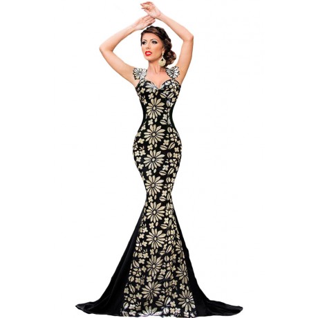 Black Flowery Palette Detail Mermaid Gown