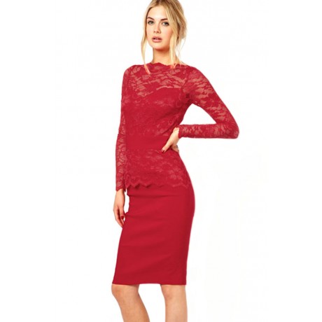 Red Lace Bodycon Fit Midi Dress