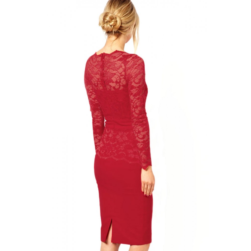 Red Lace Bodycon Fit Midi Dress