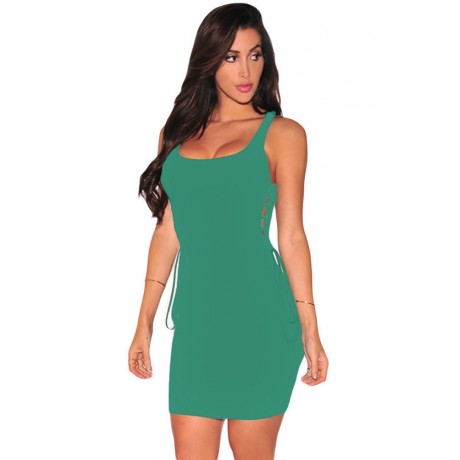 Green Ribbed Lace up Sides Mini Dress