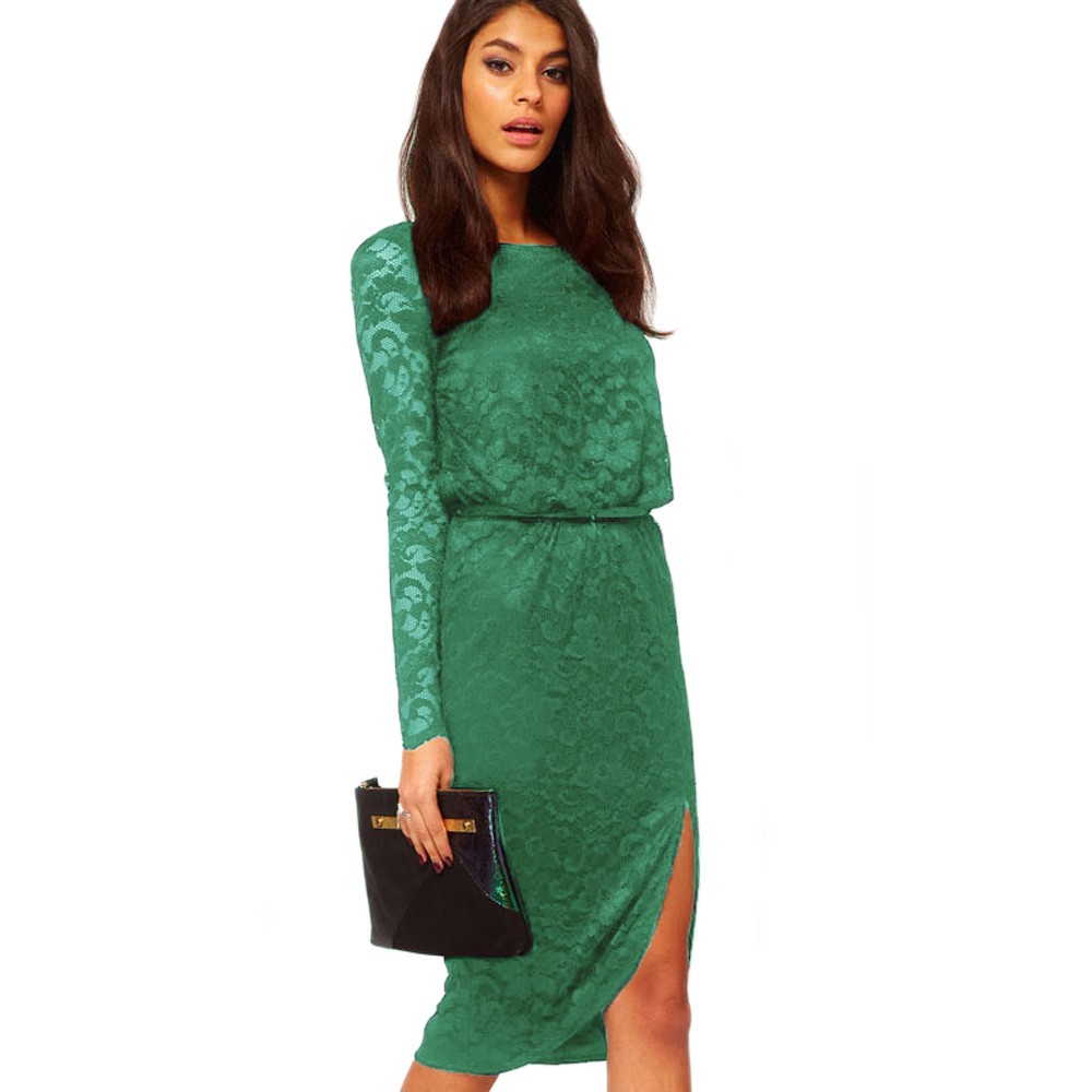 Green Lace Cowl Back Split Midi Dress