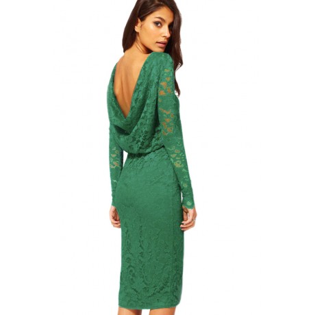 Green Lace Cowl Back Split Midi Dress