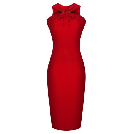 Halter Neck Solid Red Midi Dress