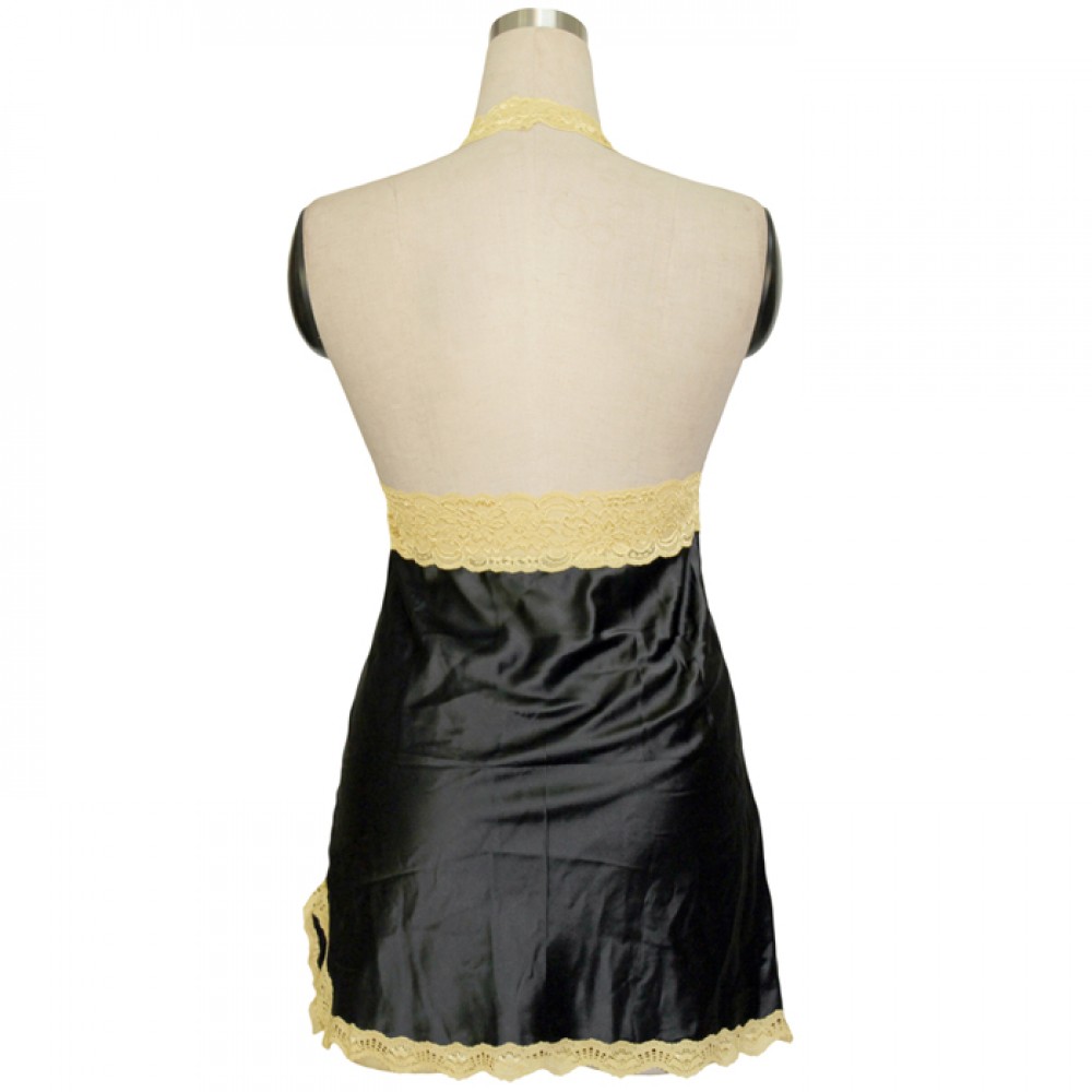 Exquisite Satin Halter Slip With G-String Black