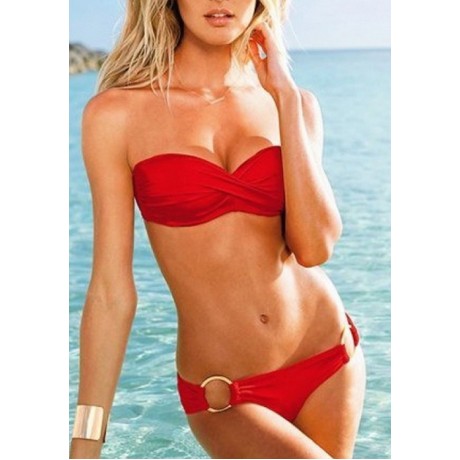 Hot Red Twist Bandeau Top Toggle Bottom Bikini Sets