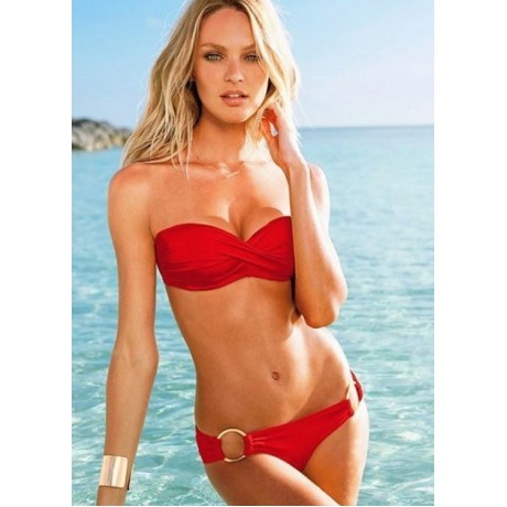 Hot Red Twist Bandeau Top Toggle Bottom Bikini Sets