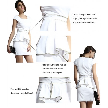 White Gold Trim Back Zipper Party Peplum Dress