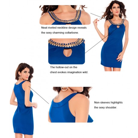 Keyhole Unusual Gold Chain Neckline Mini Dress Blue