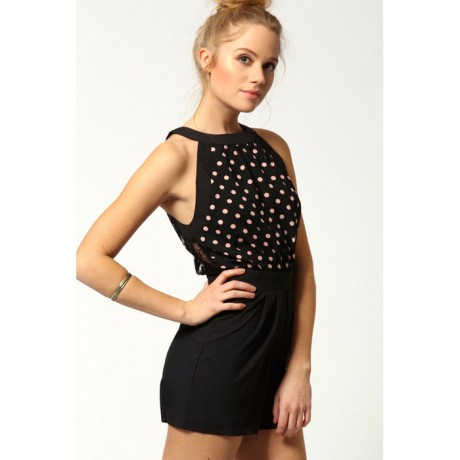 Polkadot Cutaway Shoulder Lace Back Playsuit Black