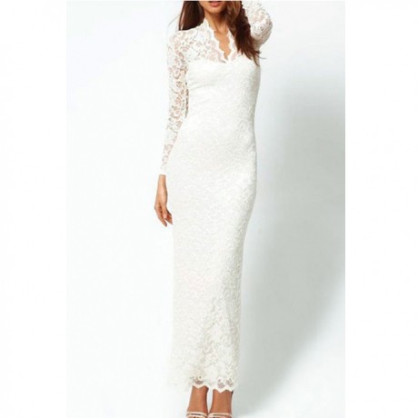 Elegantly Lace Long Sleeves V Neck Maxi Dress White