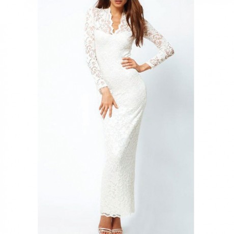 Elegantly Lace Long Sleeves V Neck Maxi Dress White