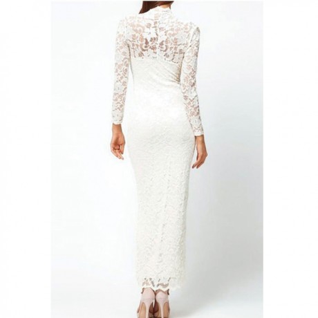 Elegantly Lace Long Sleeves V Neck Maxi Dress White