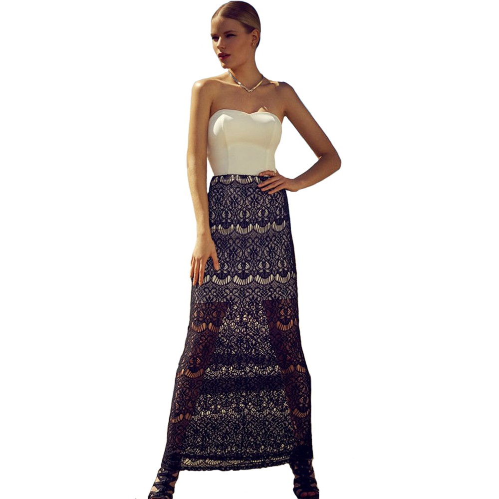 Lace Maxi Black Skirt White Bandeau Dress