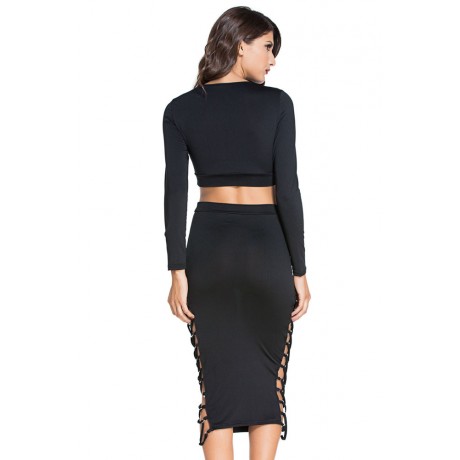 Black Lace up Long Sleeve Midi Skirt Set