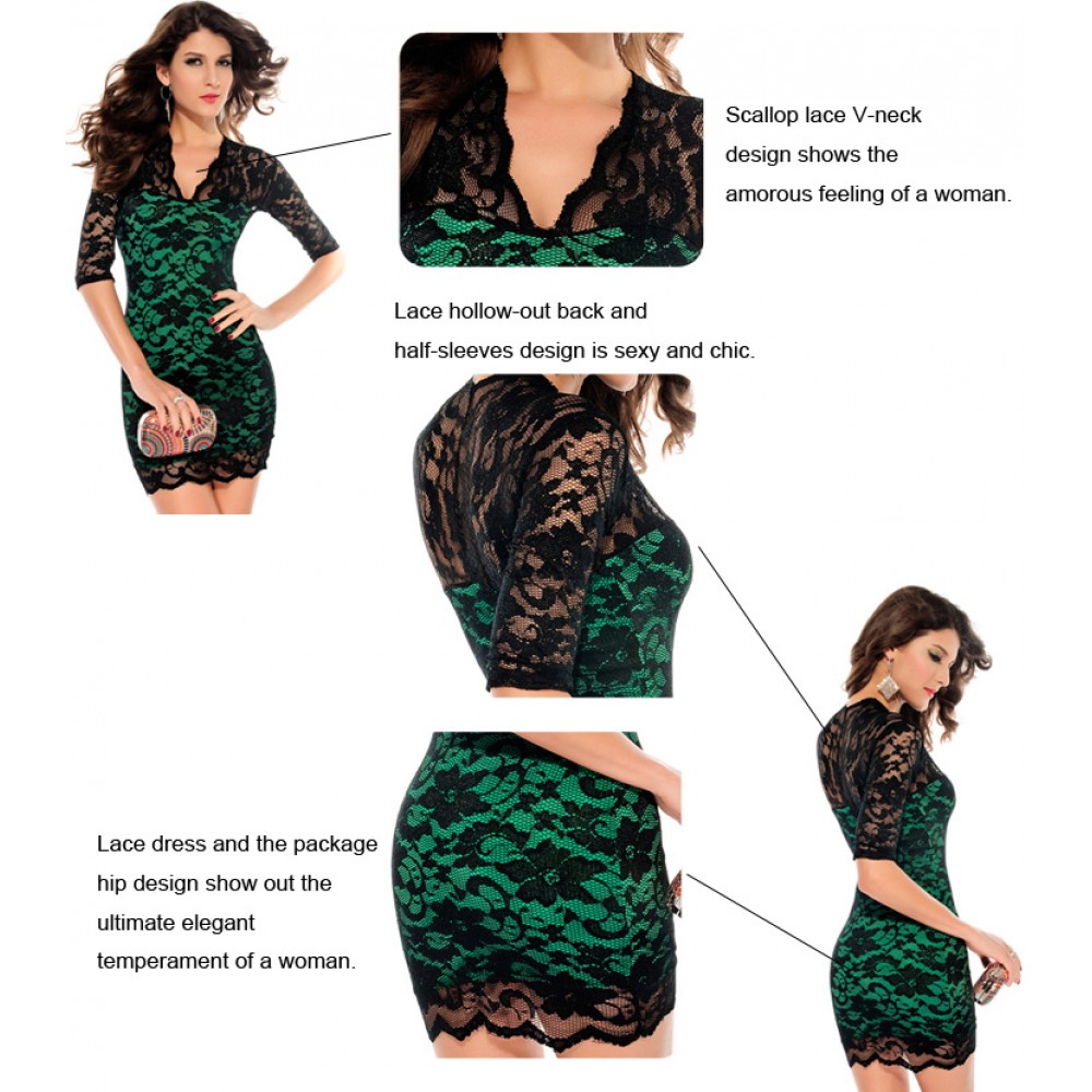 Ladies V Neck Mini Slim Lace Clubwear Half Sleeves Dress Green