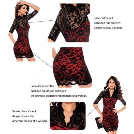 Slim Lace Half Sleeves Mini Dress Red