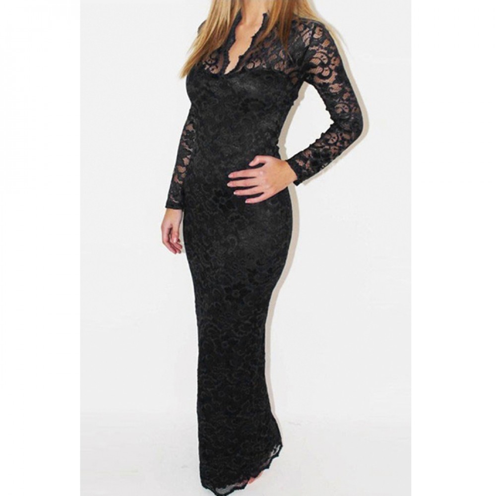 Elegantly Lace Long Sleeves V Neck Maxi Dress Black