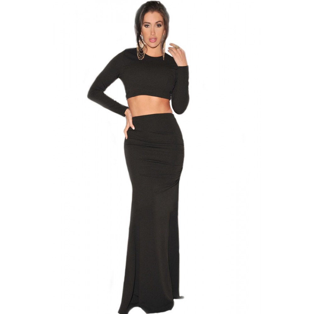 Two Piece Night Club Maxi Skirt Set in Black