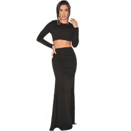 Two Piece Night Club Maxi Skirt Set in Black