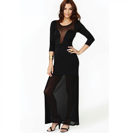 Mesh Plunging Neckline Maxi Dress Black